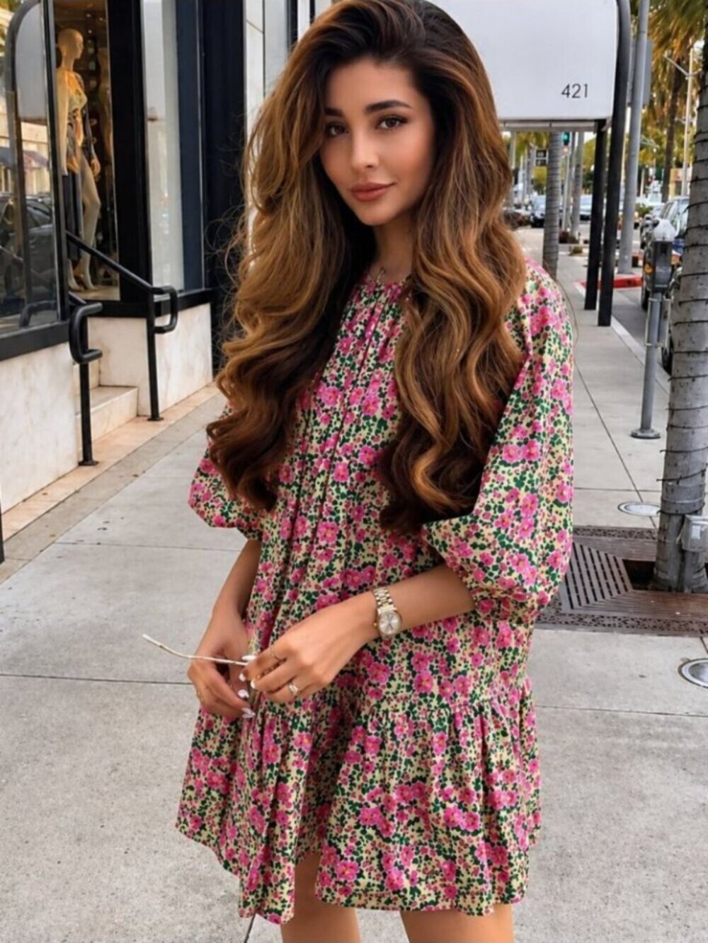 Zara Floral Puff Shoulder Voluminous Frill Dress Blogger Fav Pink Beige Medium